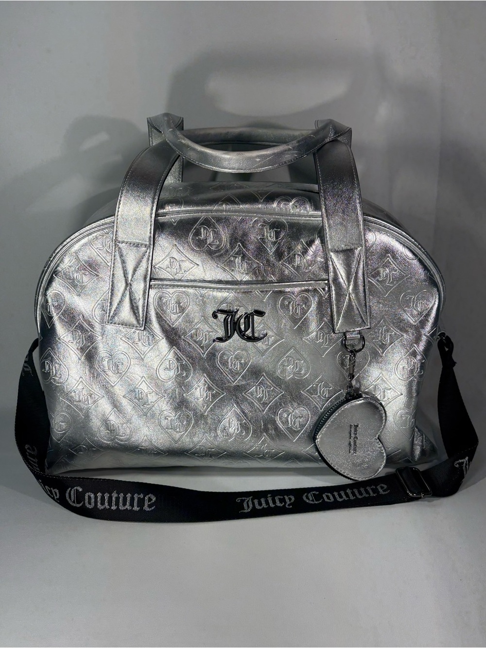 💋 JUICY COUTURE METALLIC SILVER CHROME GOOD TIMES WEEKENDER TOTE PURSE BAG 💋